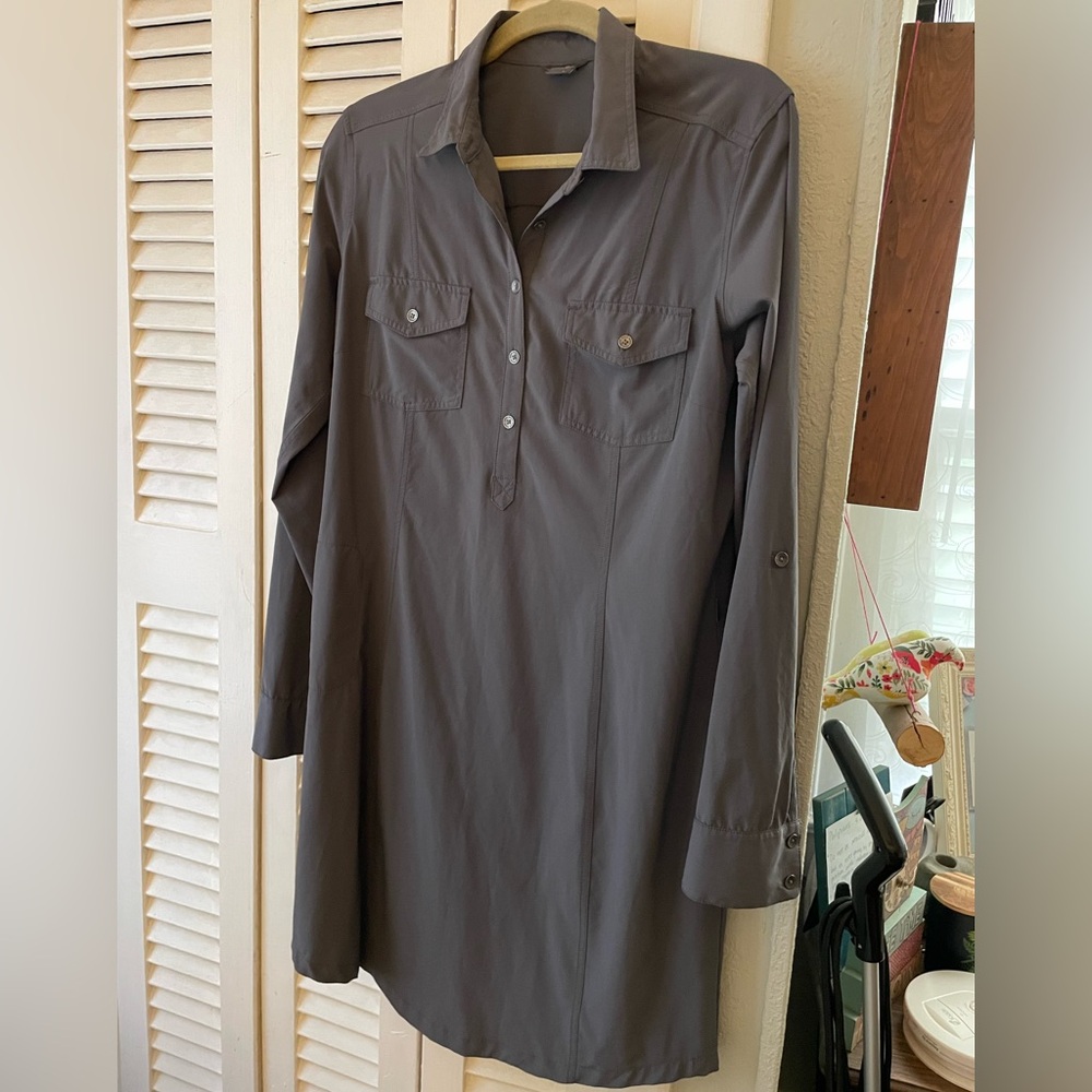 Eddie Bauer L Long Sleeve Button Front Shirt Dress in Dark Gray